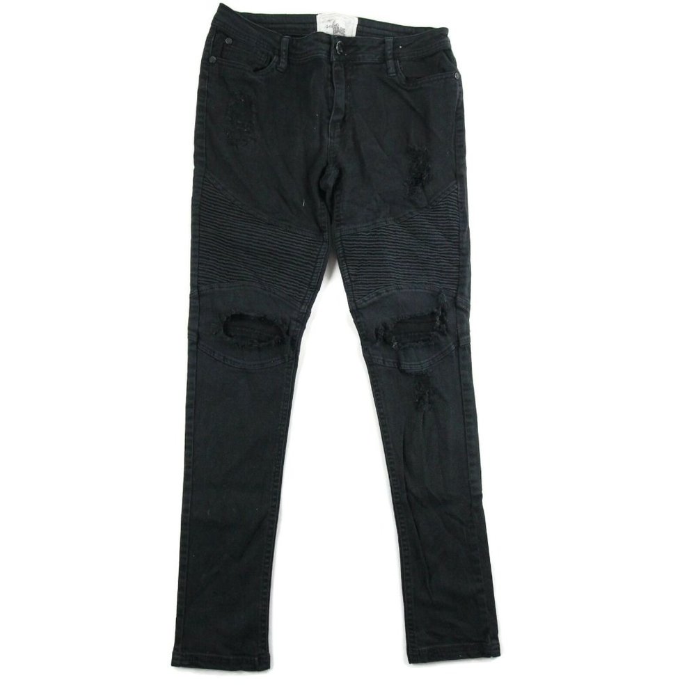 Soho Babe Womens Slim Straight Jeans Black Distressed Denim Low Rise Size 9